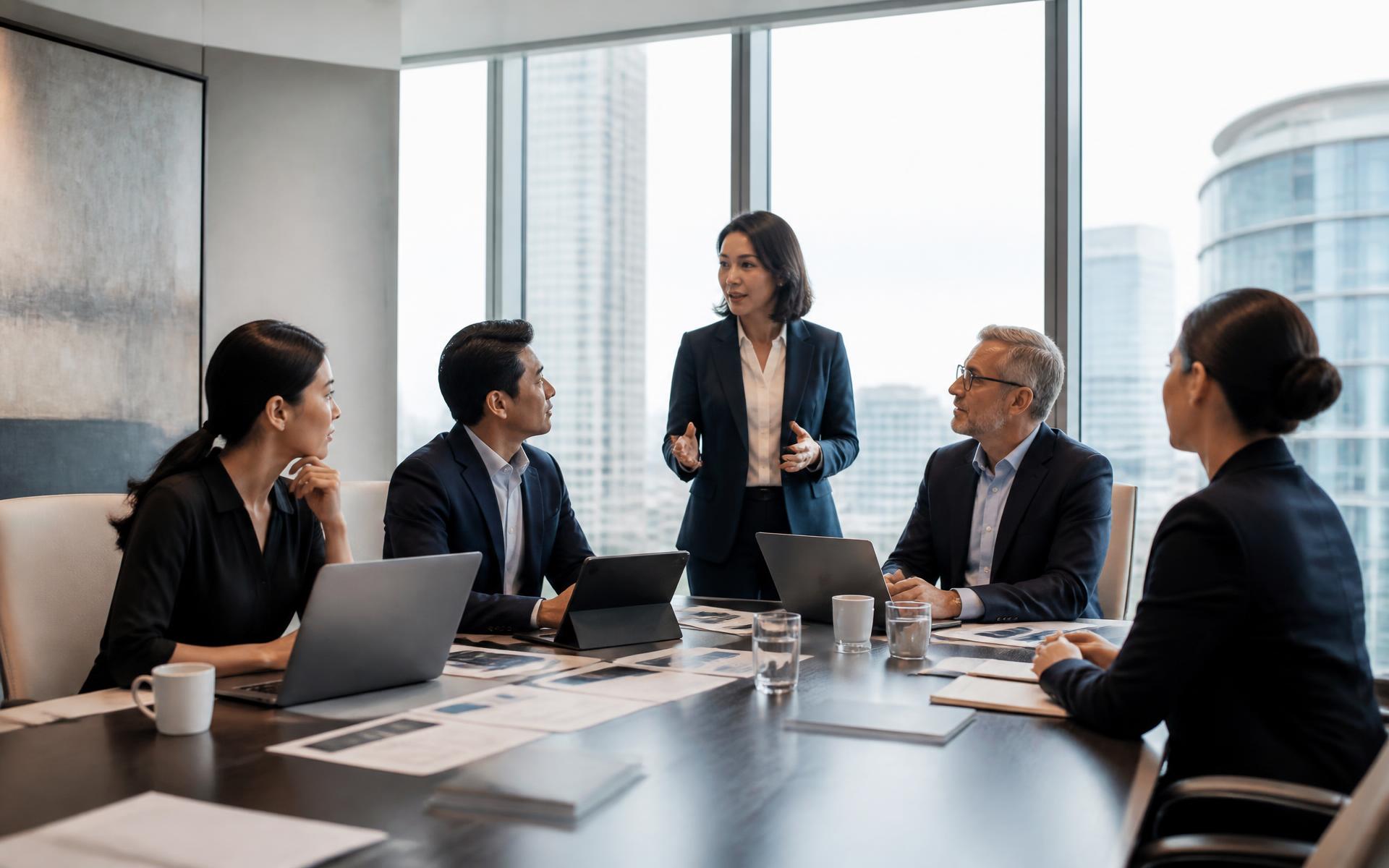 Đội ngũ doanh nhân trao đổi kế hoạch mở rộng thị trường Hoa Kỳ trong văn phòng hiện đại